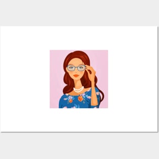 Girl with Wavy Hair and Glasses Posters and Art